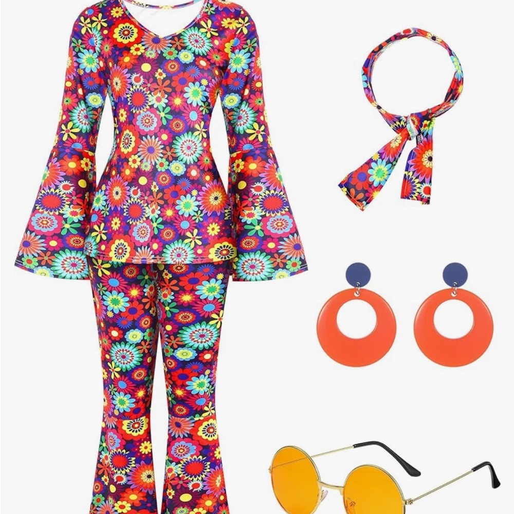NEW PSYCHEDELIC DAISY PRINT DISCO 70’s PANT SUIT SIZE LARGE - Picture 3 of 4
